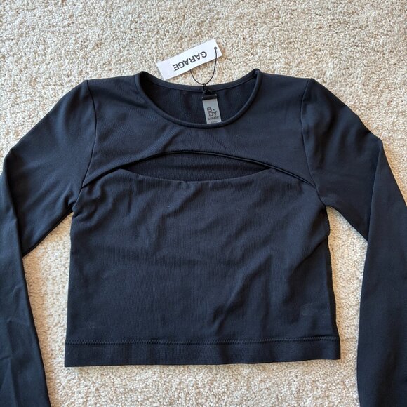 NWT B.Day Garage Open Front Crop Long-Sleeve Sleek Black Top Tee Shirt - Picture 2 of 9
